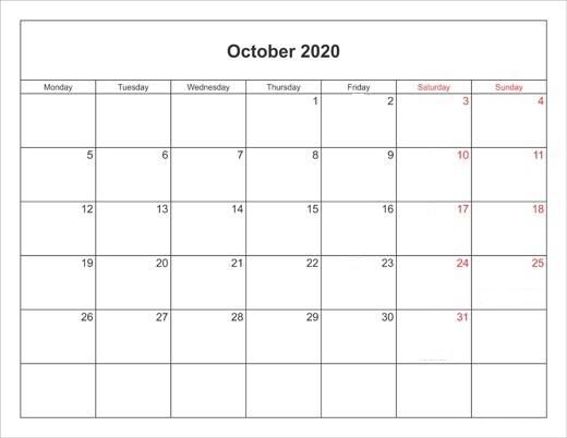 October 2020 Monthly Calendar Free