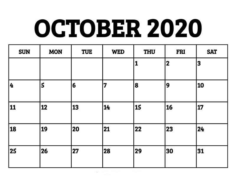 October 2020 Monthly Calendar template