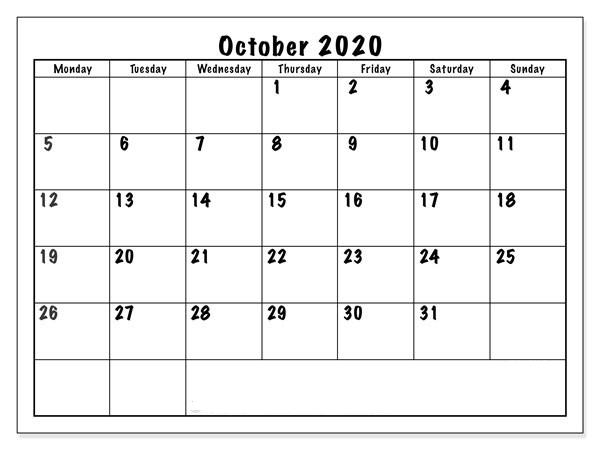 October 2020 Printable Calendar
