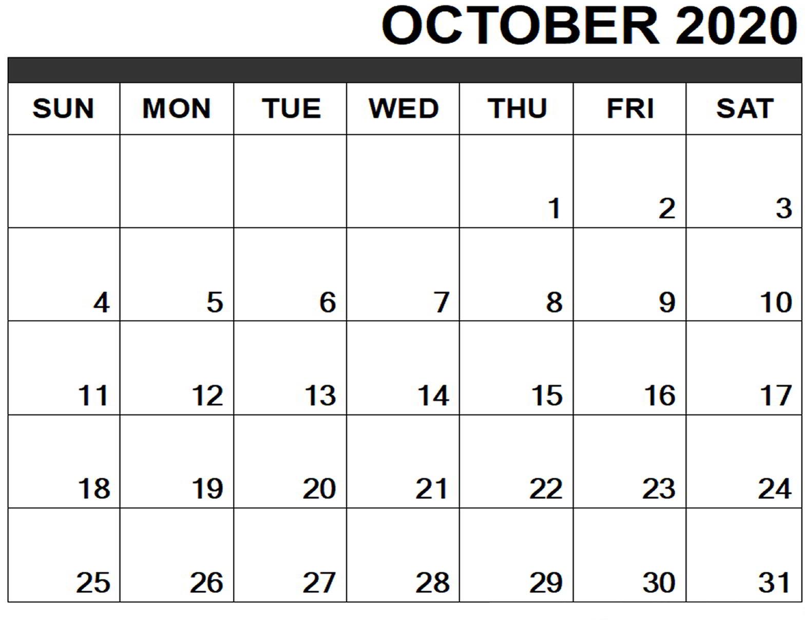 October Calendar 2020 Excel