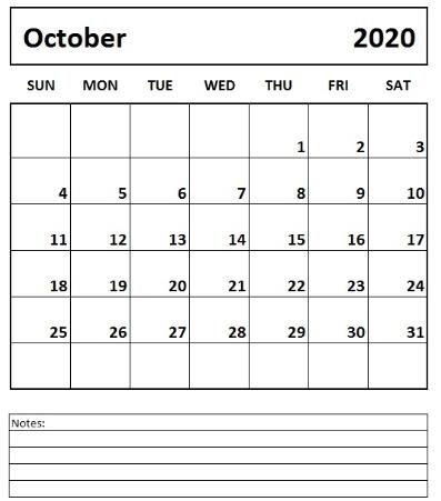 October Printable 2020 Calendar free