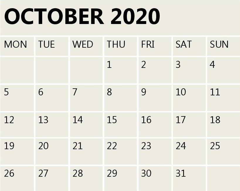 Printable October 2020 Calendar With Holidays