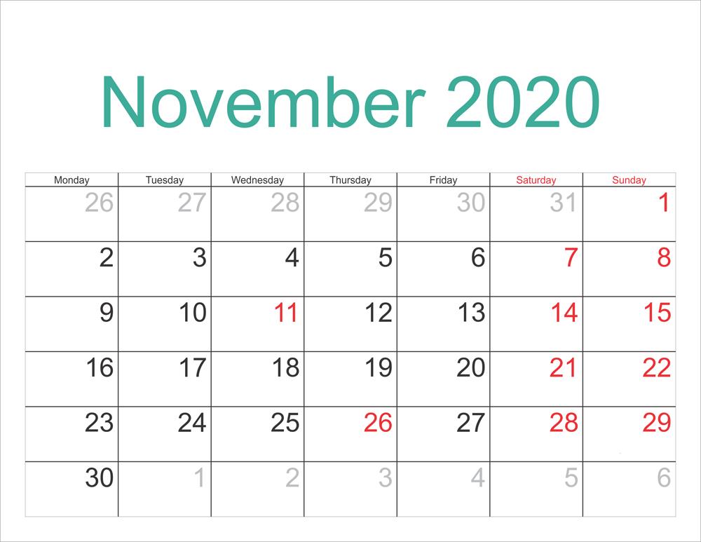 2020 November Template Calendar