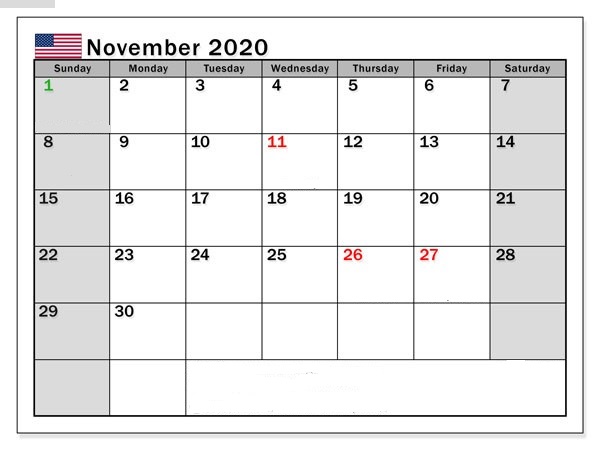 Blank November 2020 Calendar Printable
