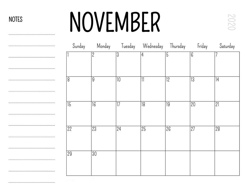 November 2020 Calendar Printable For Kids