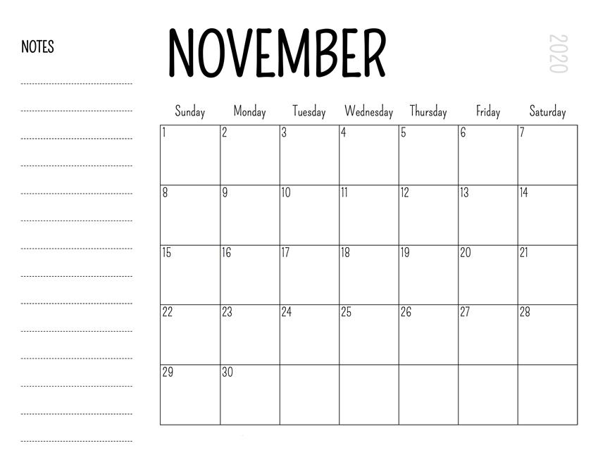 November 2020 Calendar Template Free