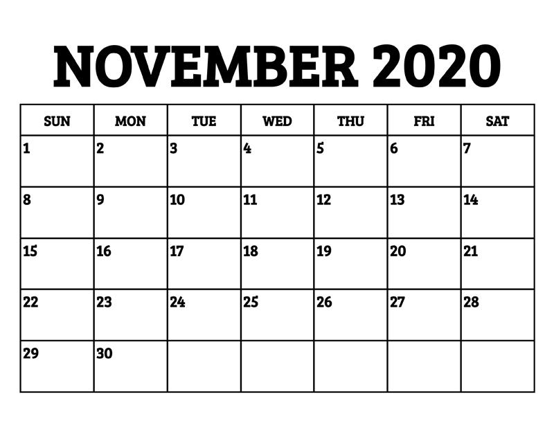 November Calendar 2020 Excel free