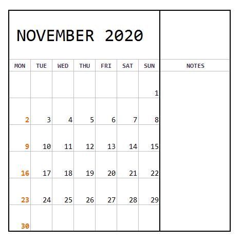 November Calendar 2020 With Holidays