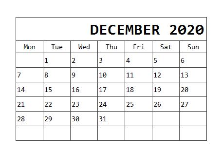 2020 December Calendar Excel