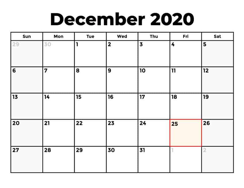 2020 December Calendar Template