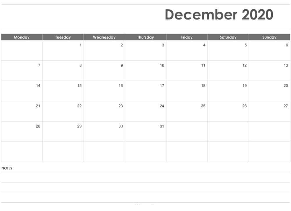 Blank December 2020 Calendar Printable