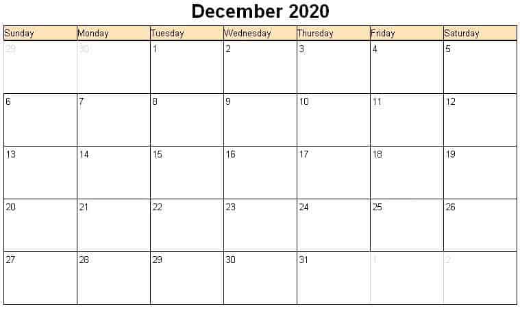 Calendar December 2020 Excel