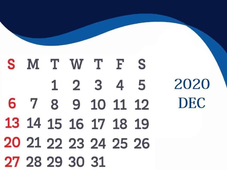 Calendar For December 2020 Template free