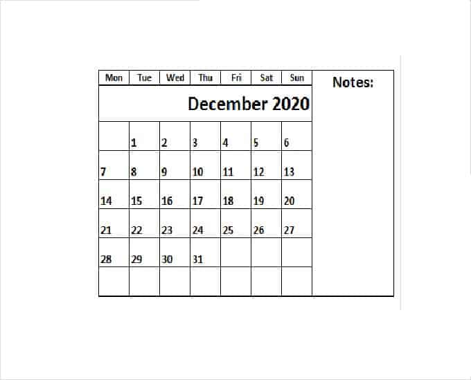 December 2020 Calendar Monthly download