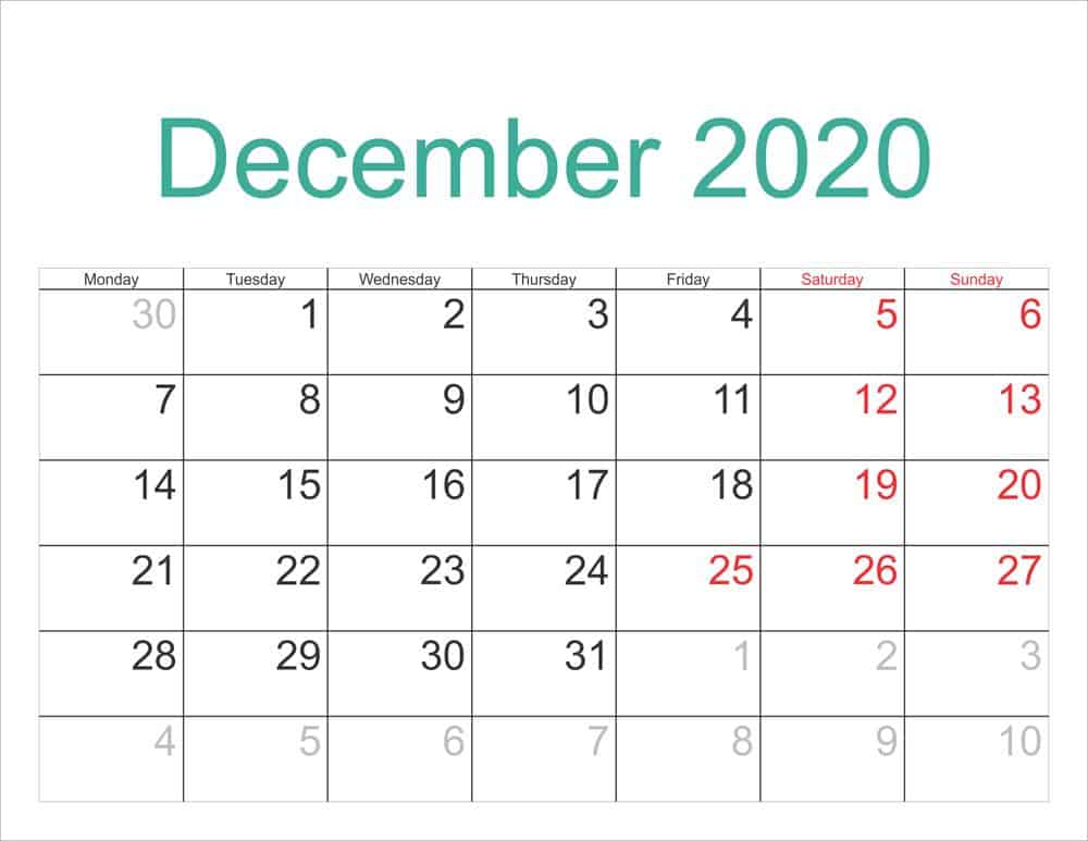 December 2020 Calendar Template With Holidays