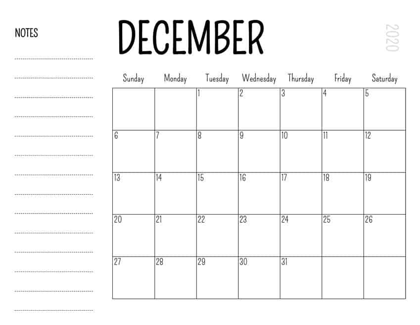 December 2020 Monthly Calendar PDF