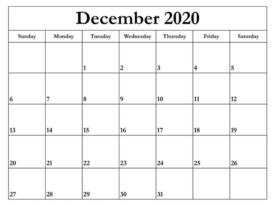 December Calendar 2020 Template free