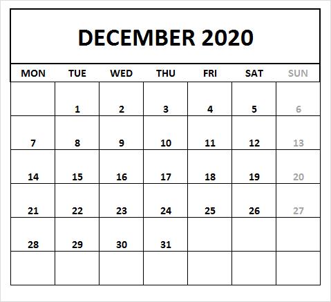December Calendar 2020 Template