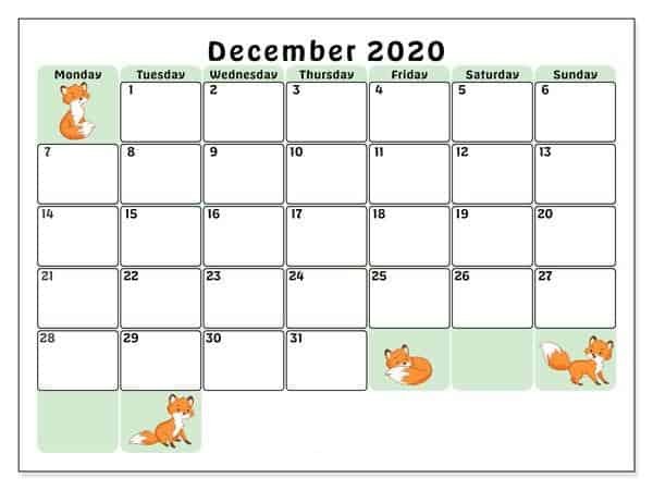 Free December 2020 Calendar Printable