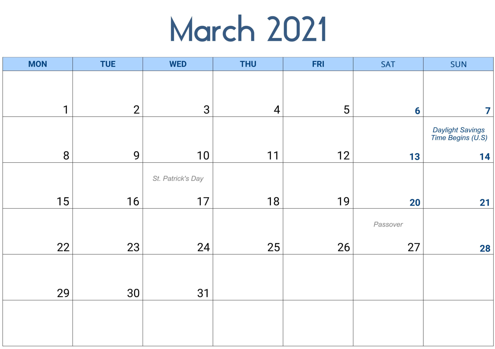 Printable March 2021 Calendar With Holidays | Free Printable Calendar