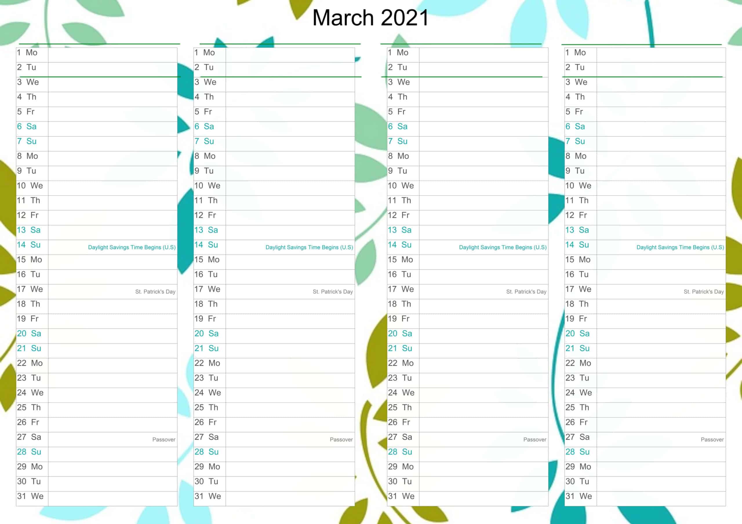 Calendar March 2021 With Holidays