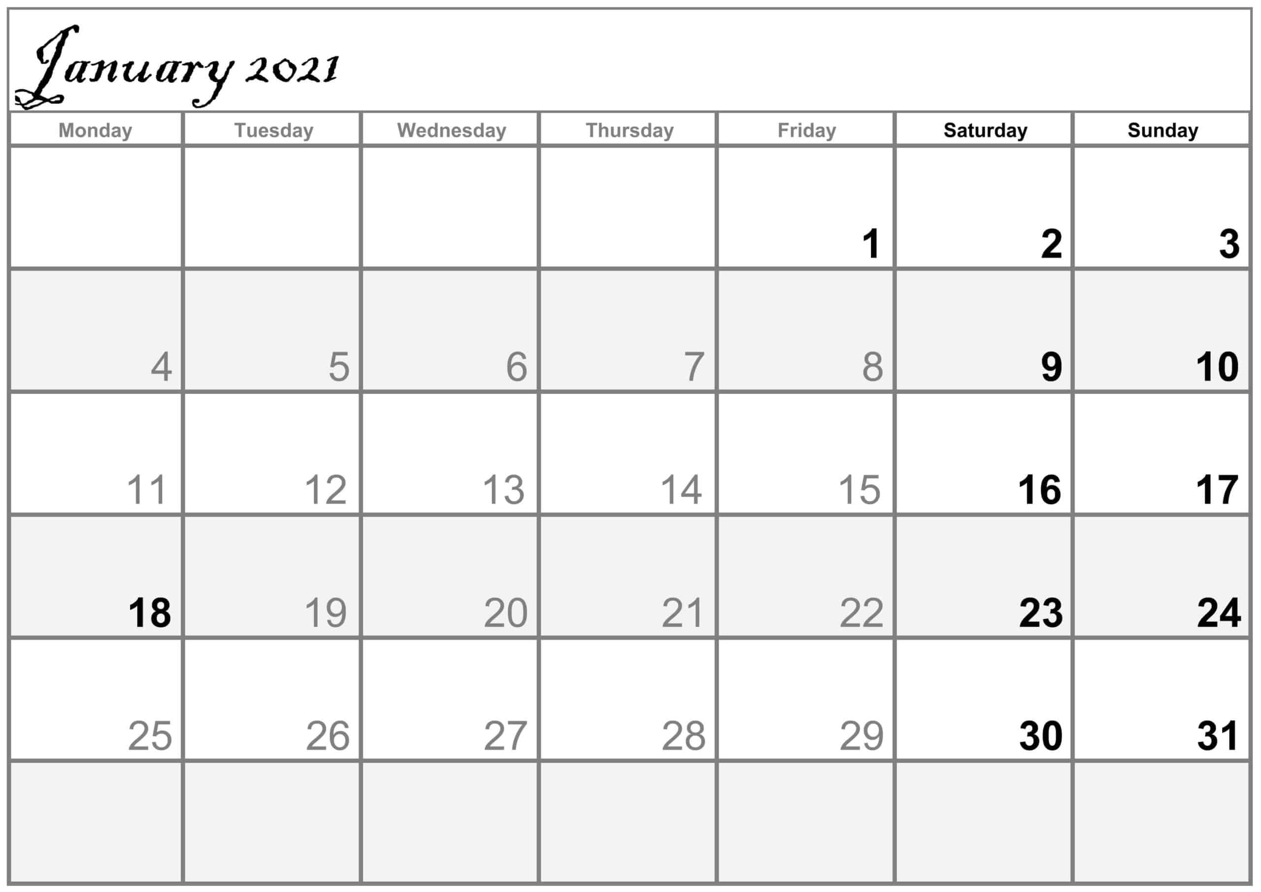Excel January 2021 Calendar free