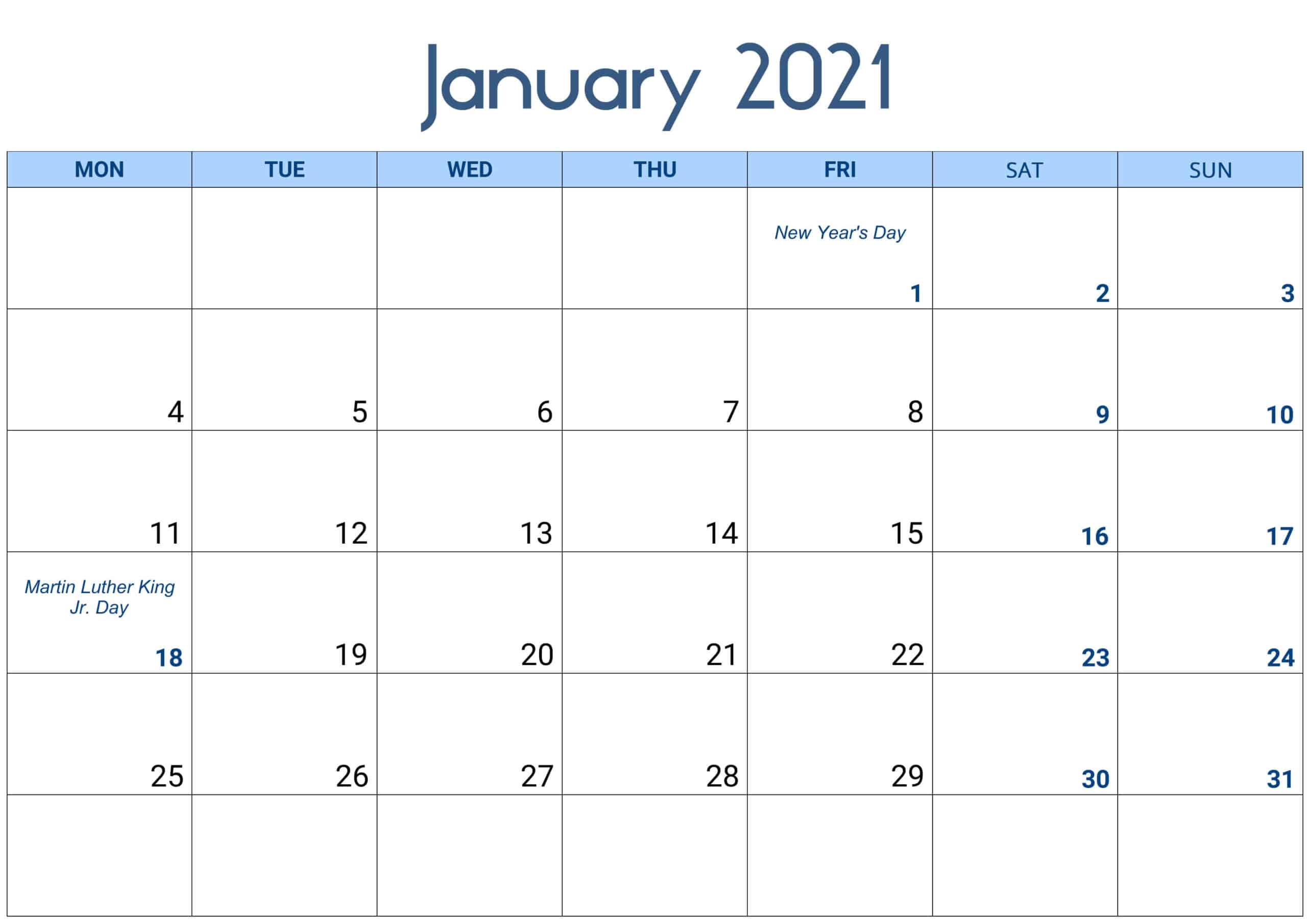 January 2021 Calendar Excel