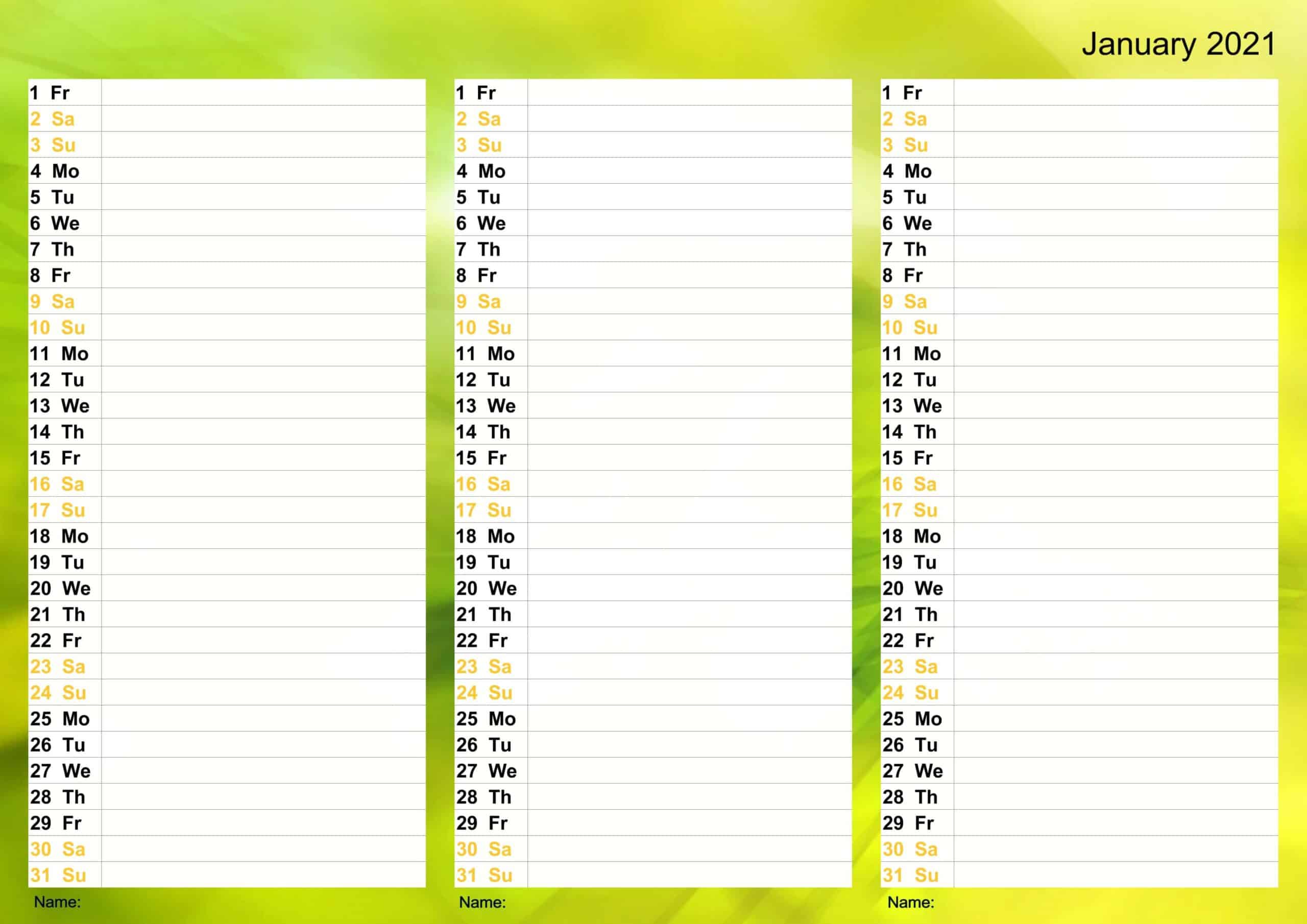 January 2021 Excel Calendar