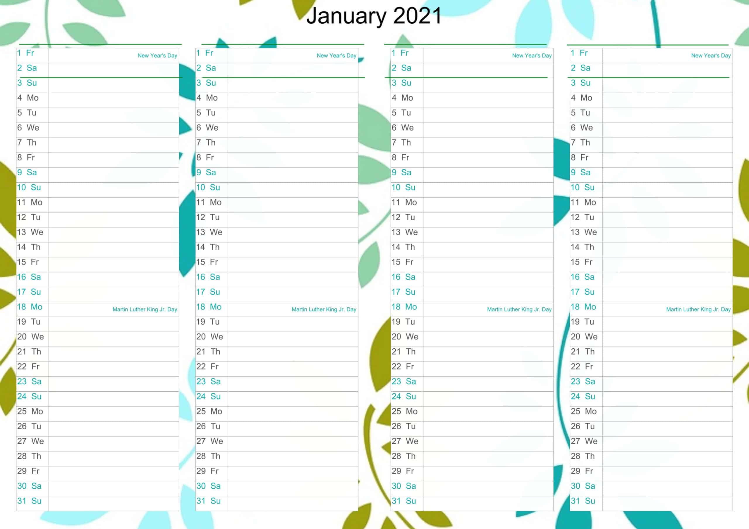 January Calendar 2021 Excel free