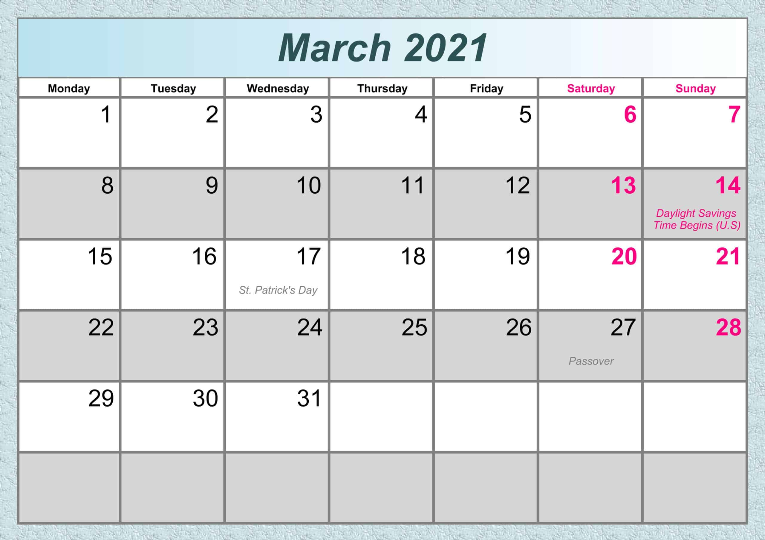 March 2021 Calendar With Holidays
