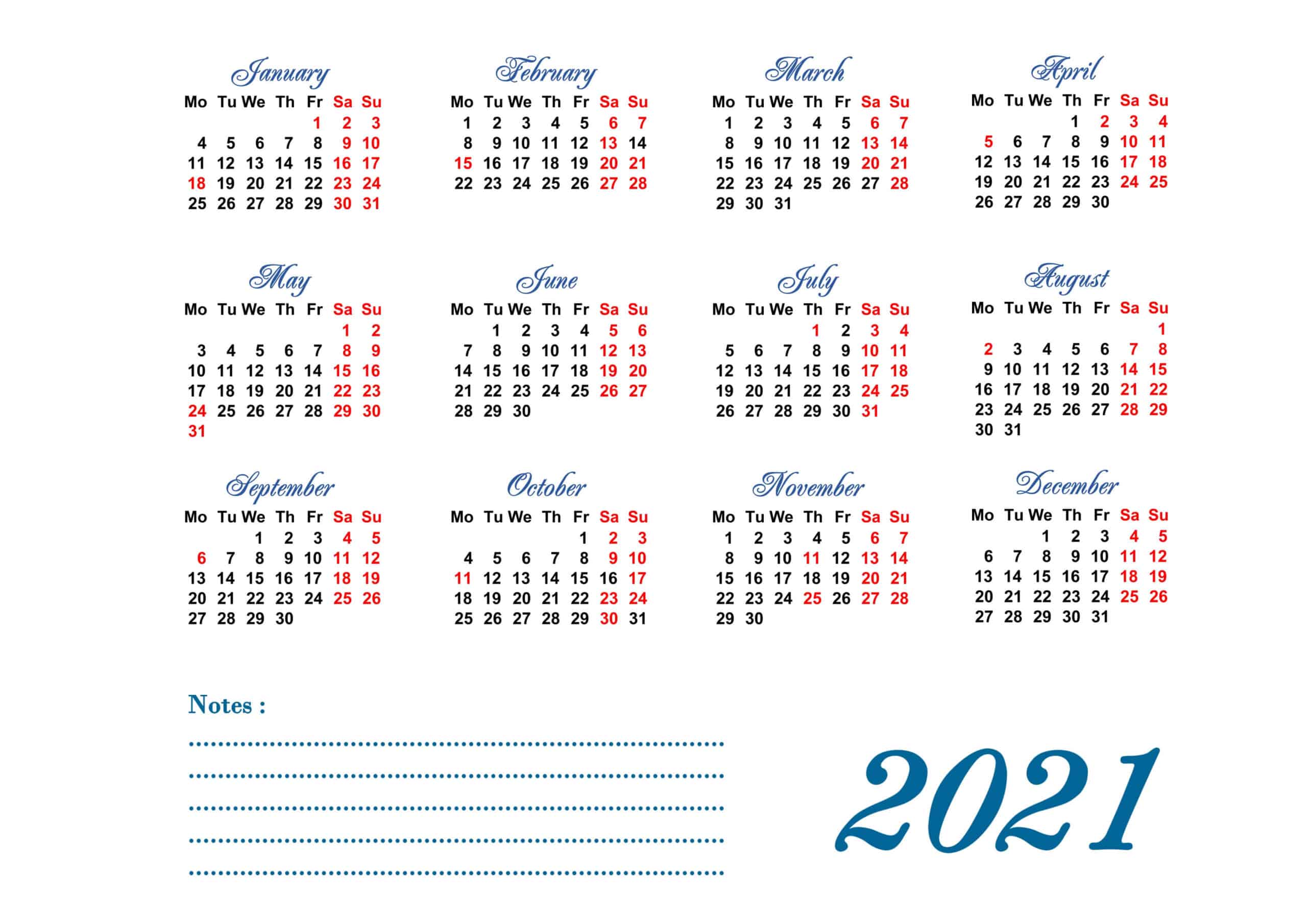 calendar 2021 with notes