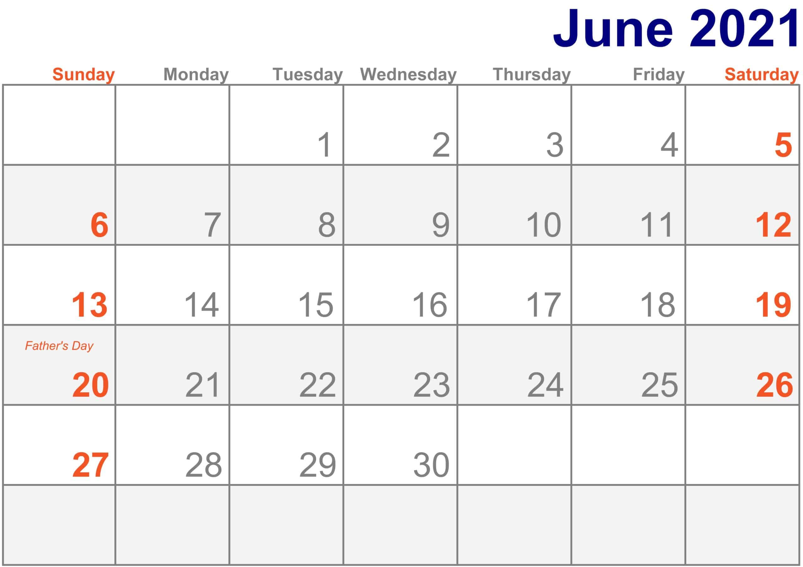 2021 June Calendar Excel