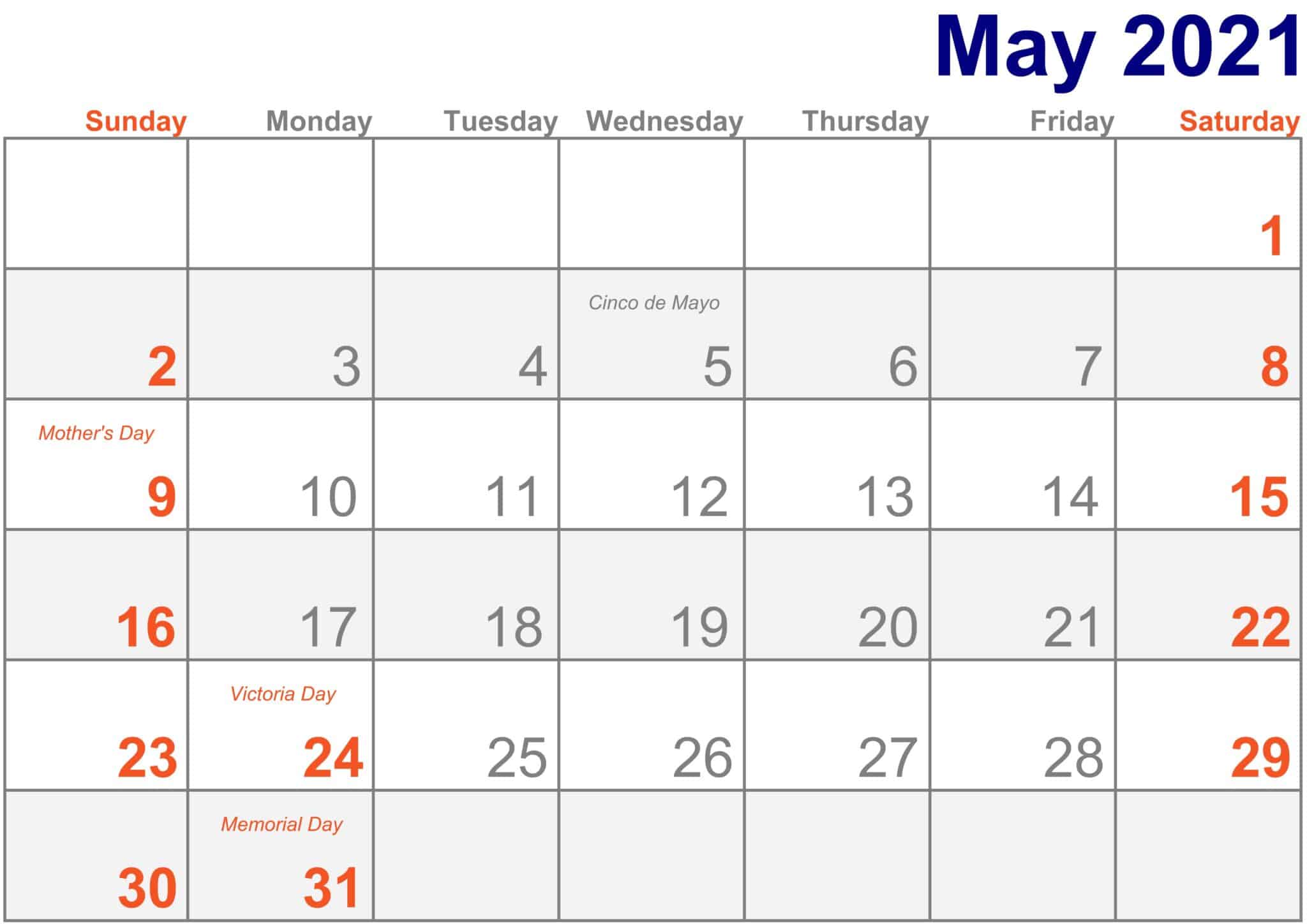Printable May 2021 Calendar With Holidays Free Printable Calendar