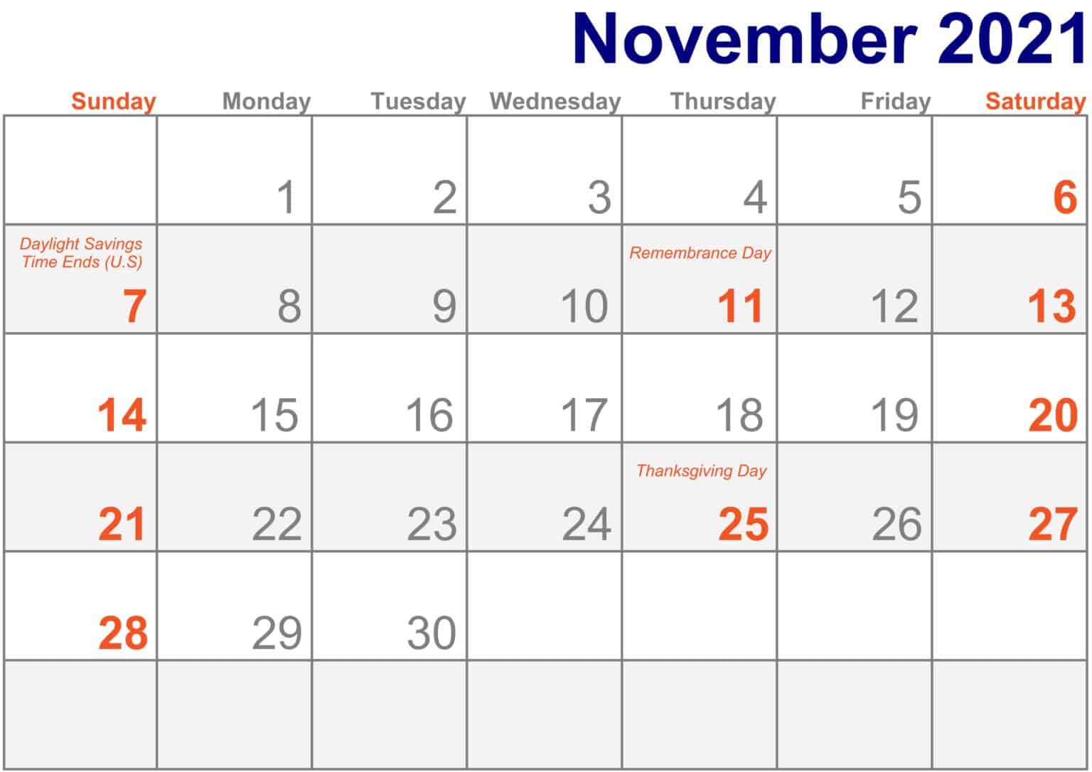 Printable November 2021 Calendar With Holidays Free Printable Calendar