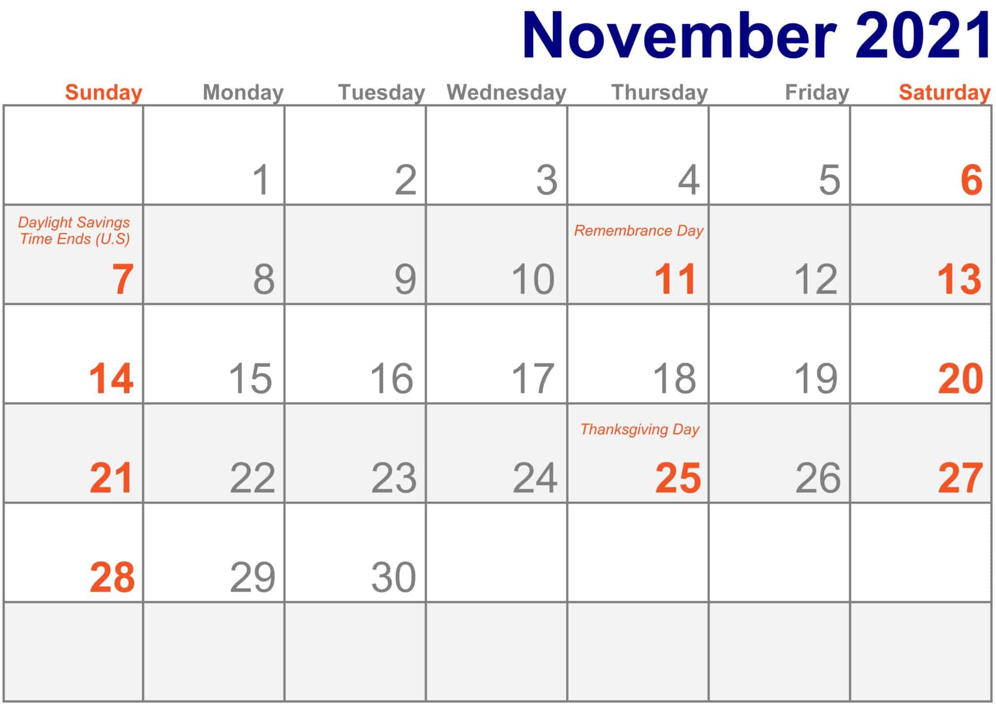 Printable November 2021 Calendar With Holidays Free Printable Calendar