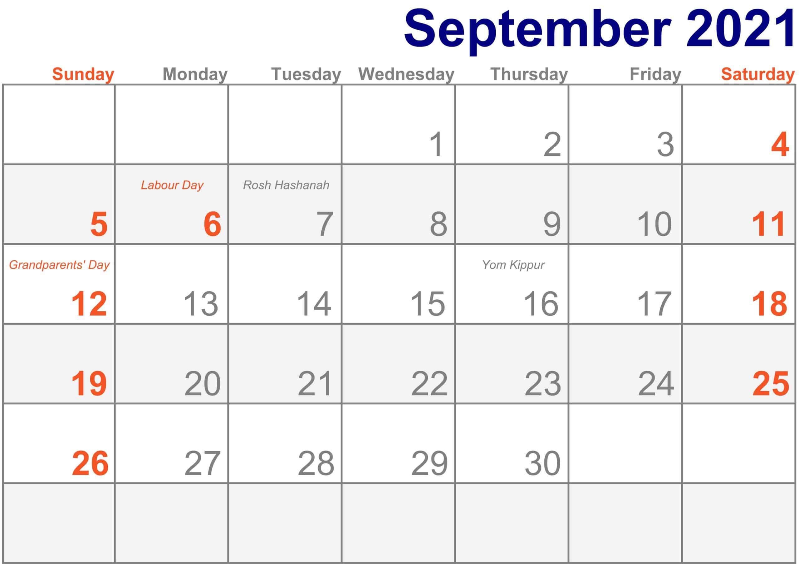 2021 September Calendar Excel