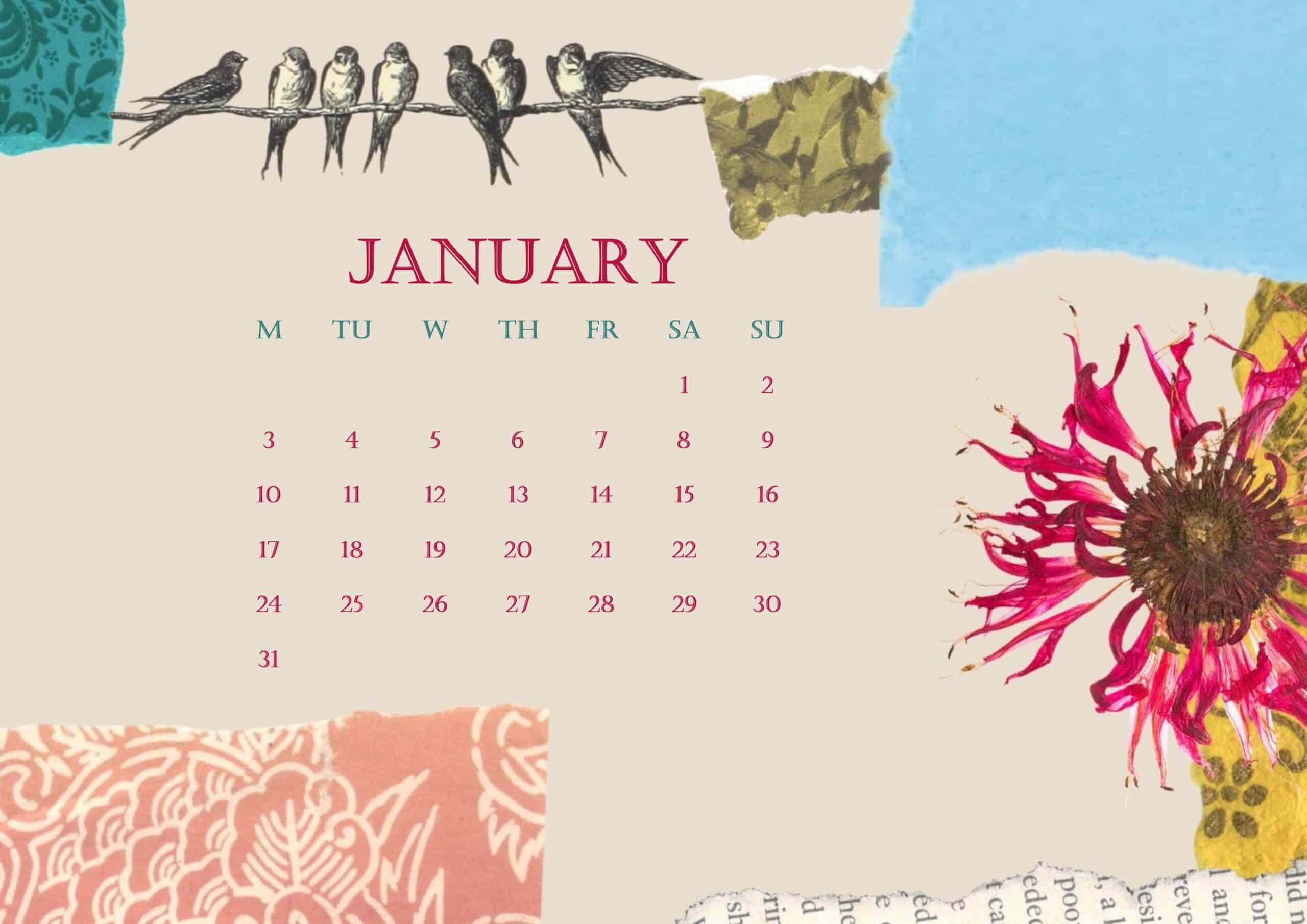 2022 January Calendar Beautiful Floral