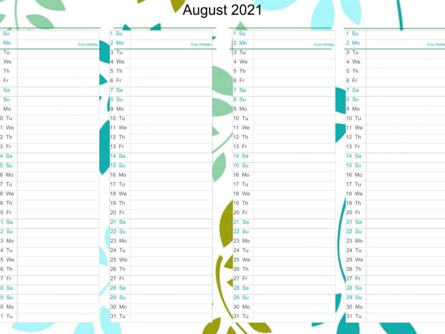 August Calendar 2021 Excel free