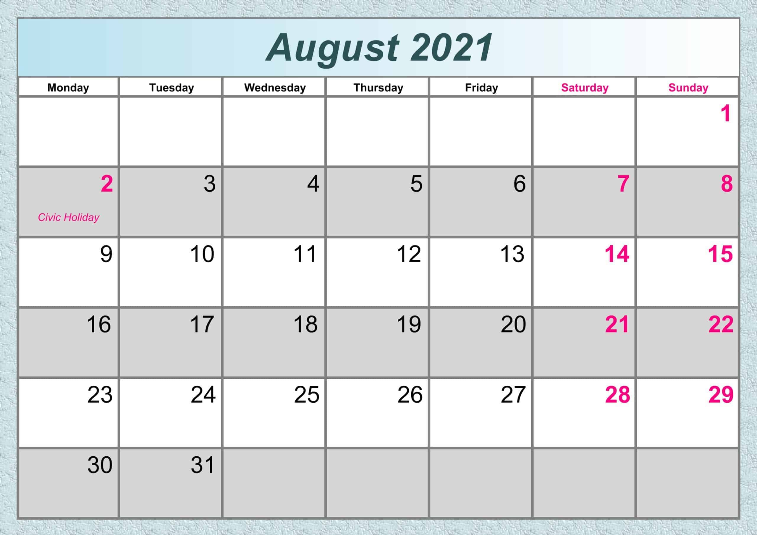 August Calendar 2021 Excel