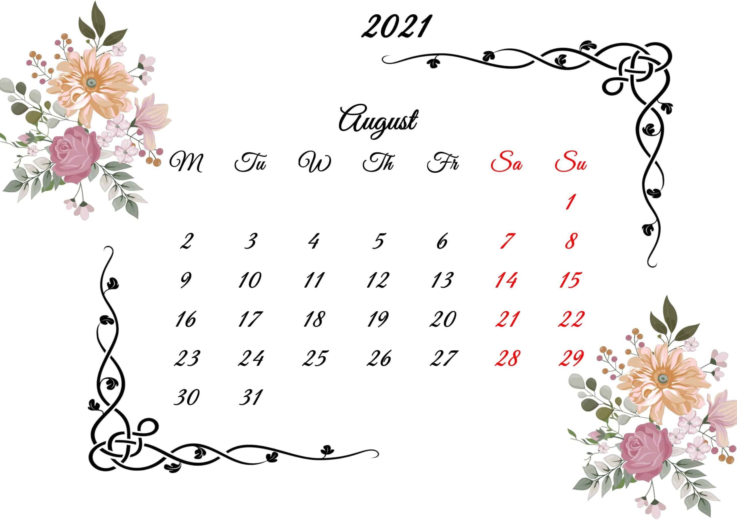 August Calendar 2021 Printable