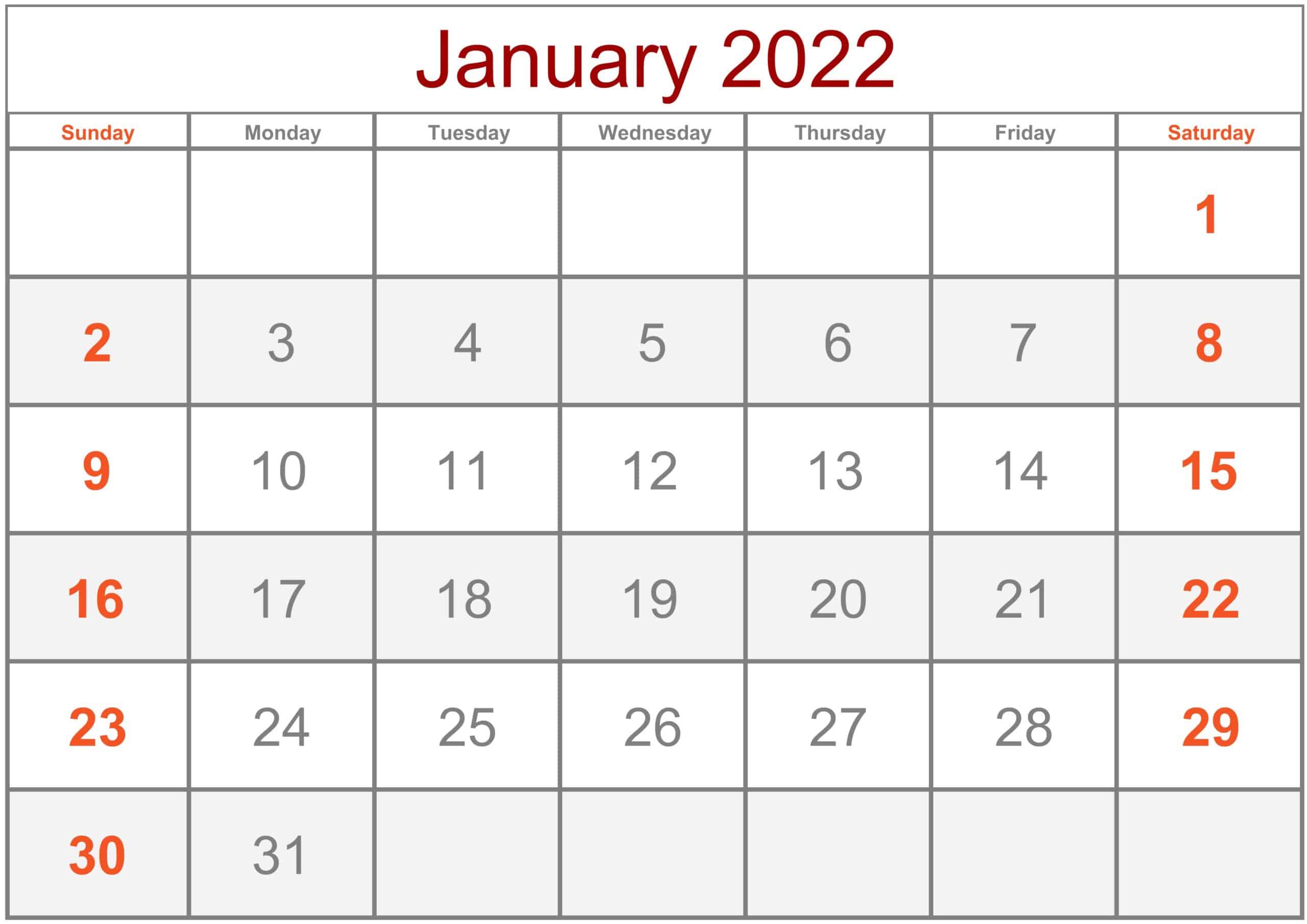 Calendar January 2022 Excel