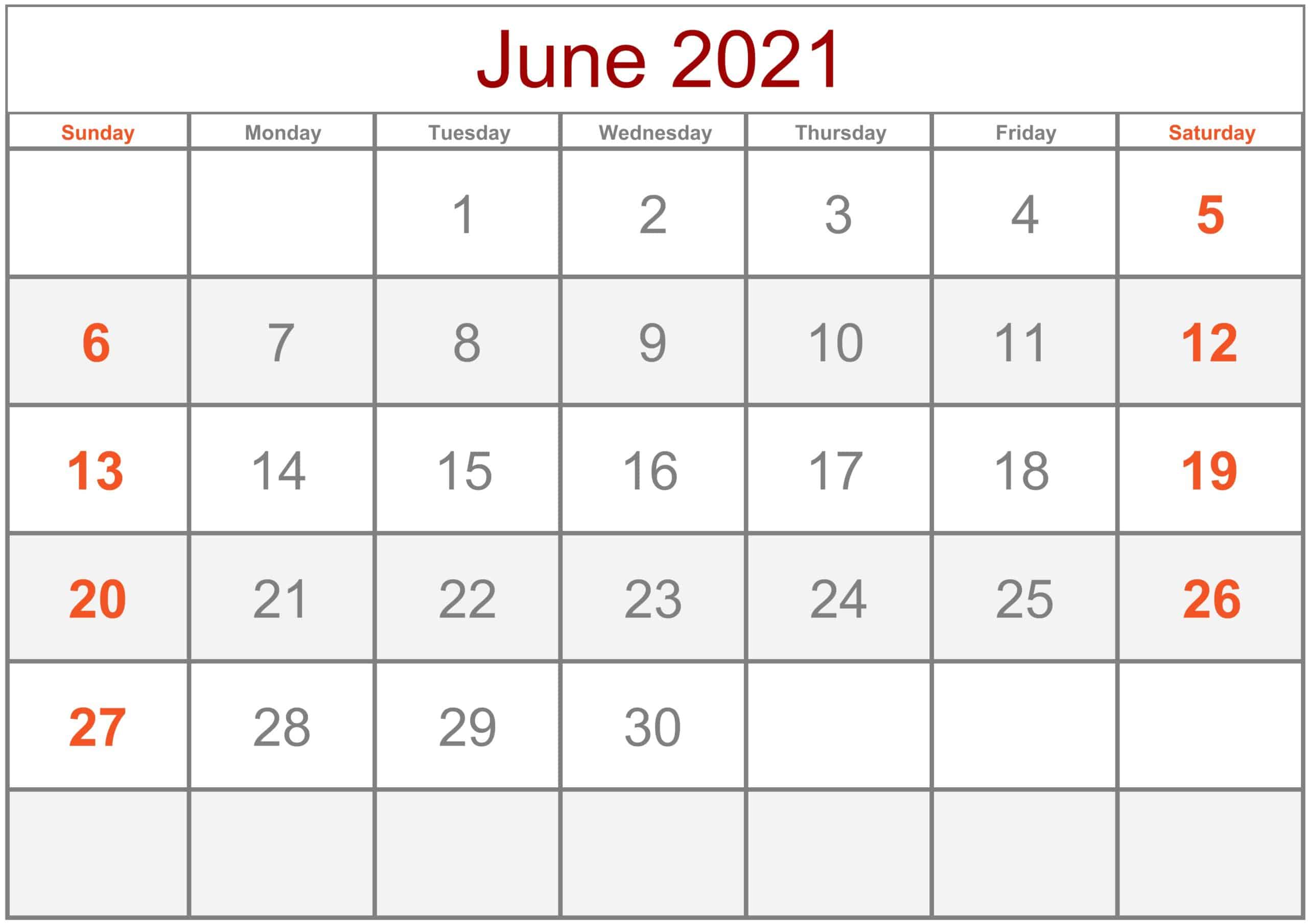 Calendar June 2021 Excel