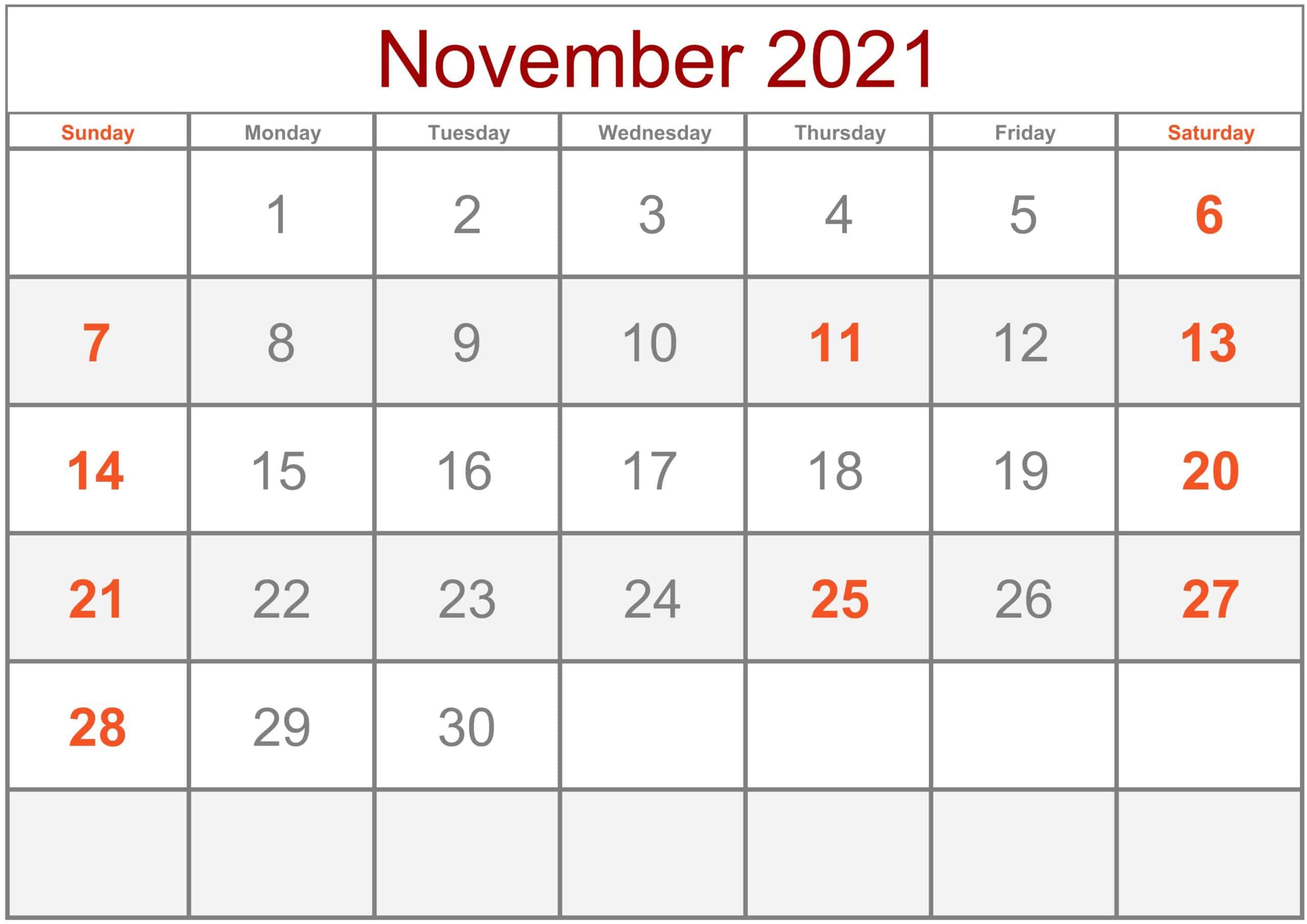 Calendar November 2021 Excel