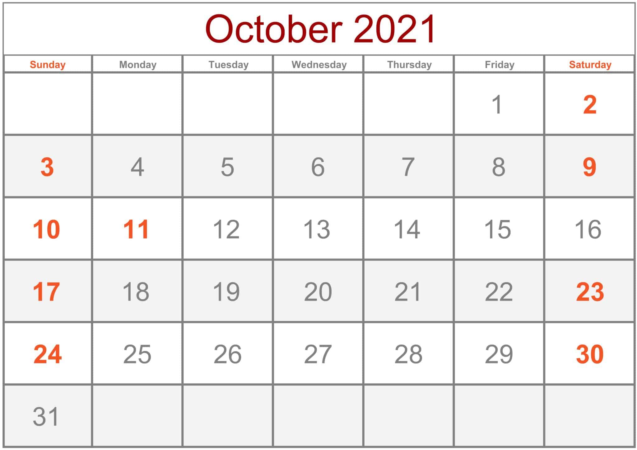 Printable October 2021 Calendar With Holidays | Free Printable Calendar