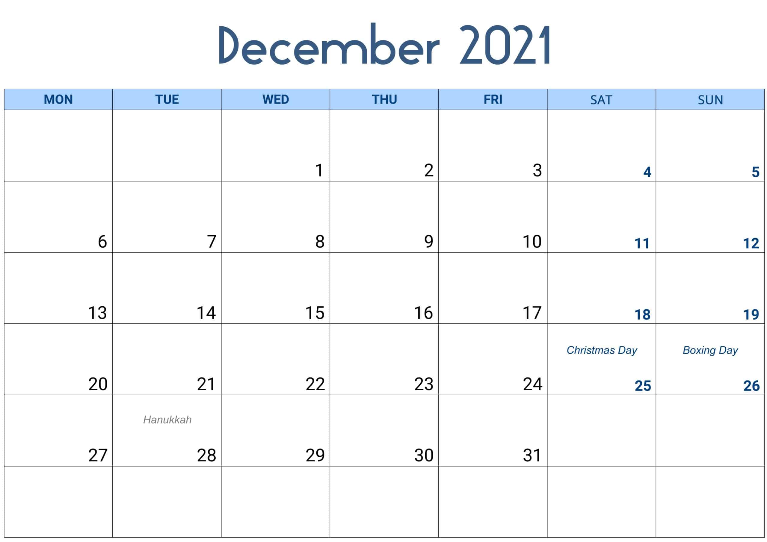 December 2021 Calendar Excel