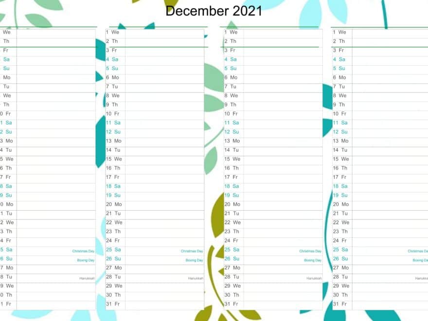 December Calendar 2021 Excel free