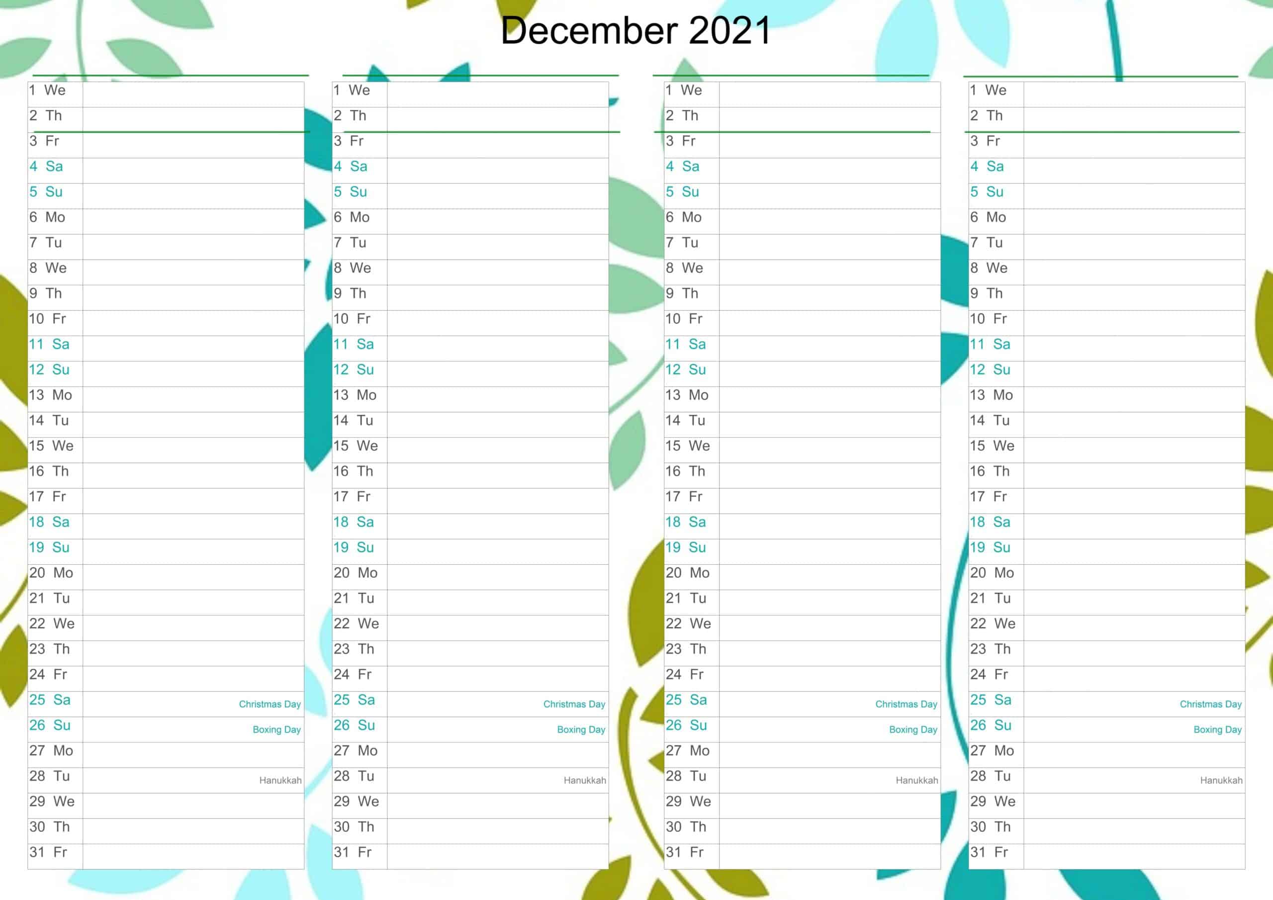 December Calendar 2021 Excel free
