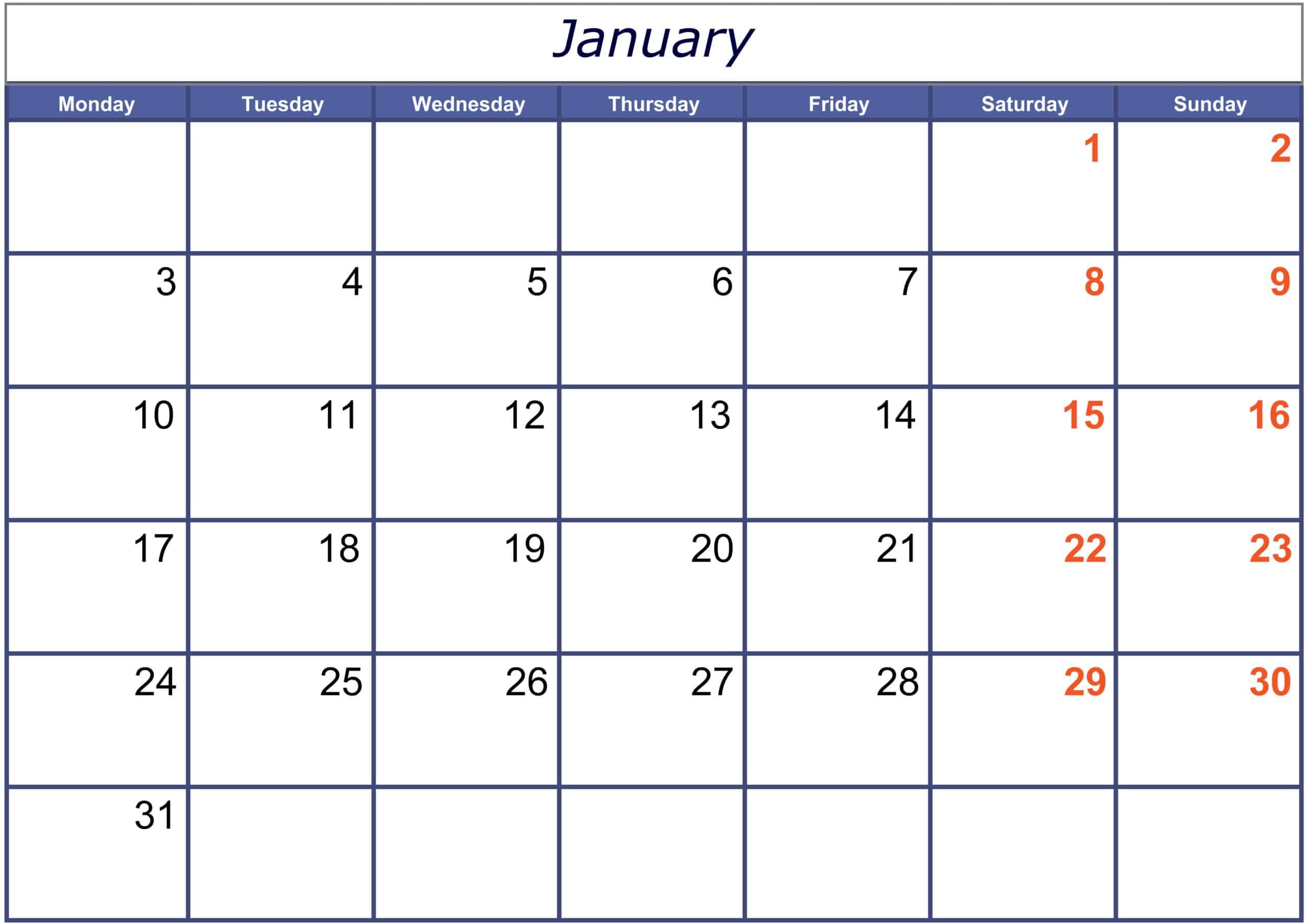 Excel January 2022 Calendar