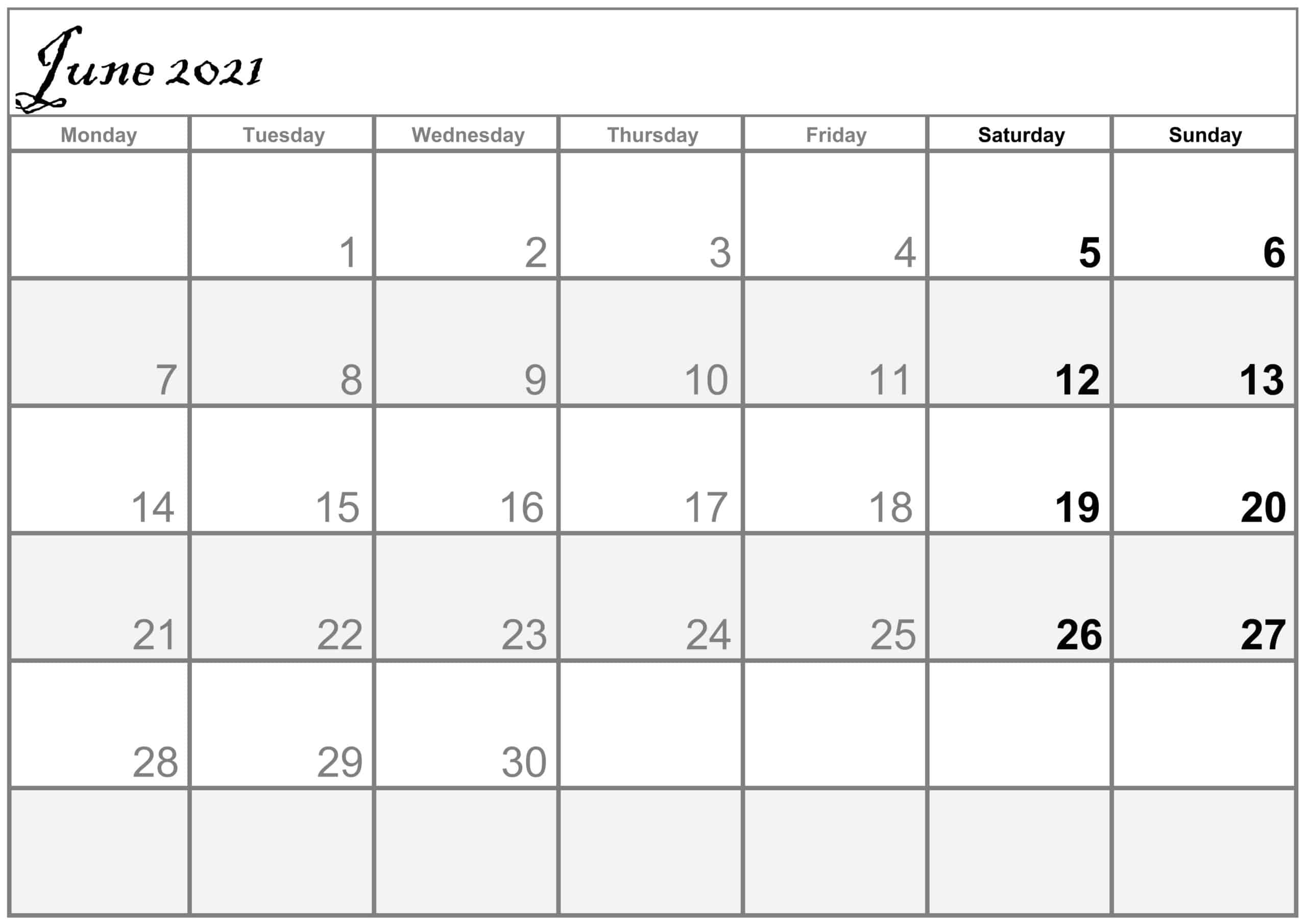 Excel June 2021 Calendar free