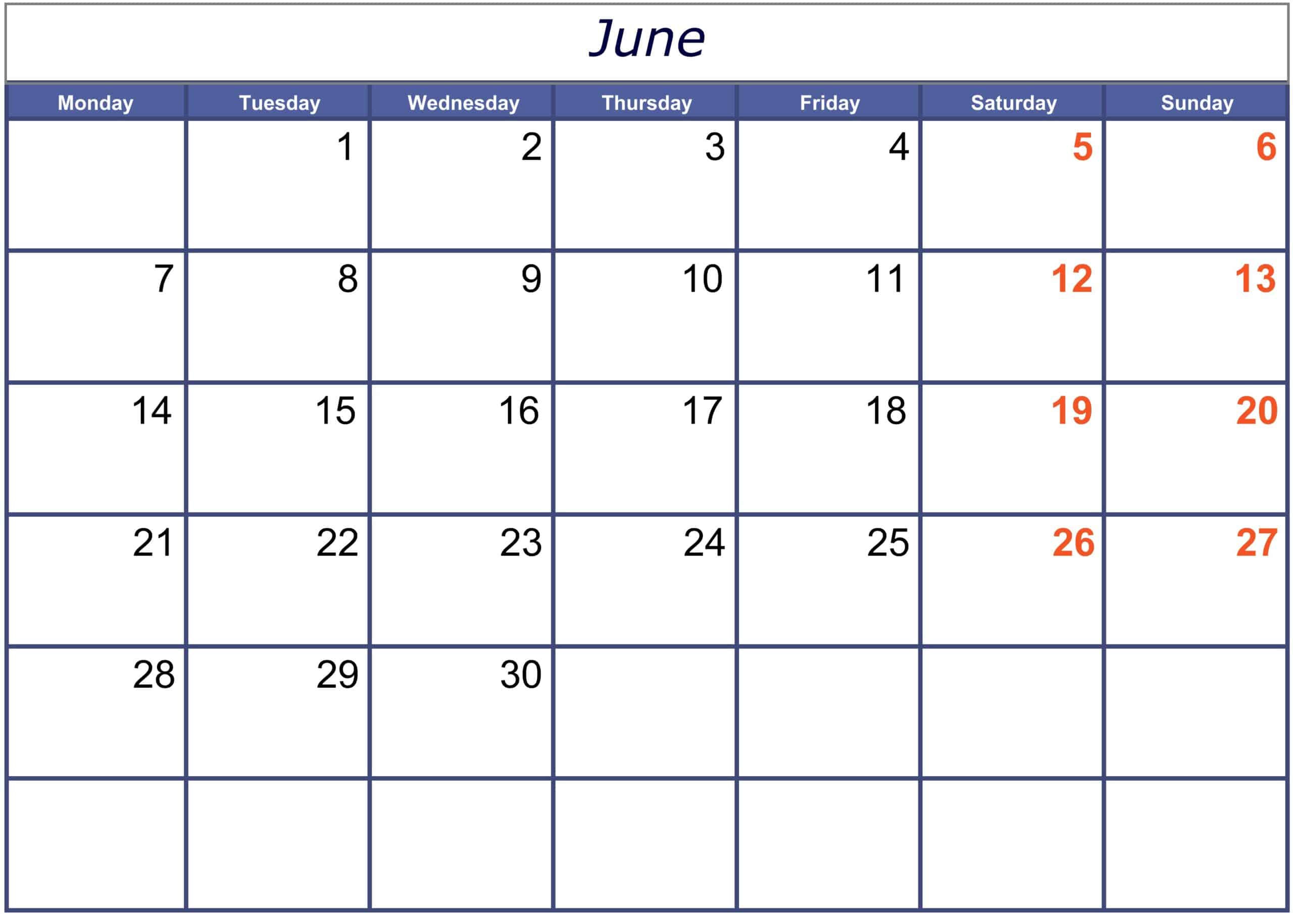 Excel June 2021 Calendar